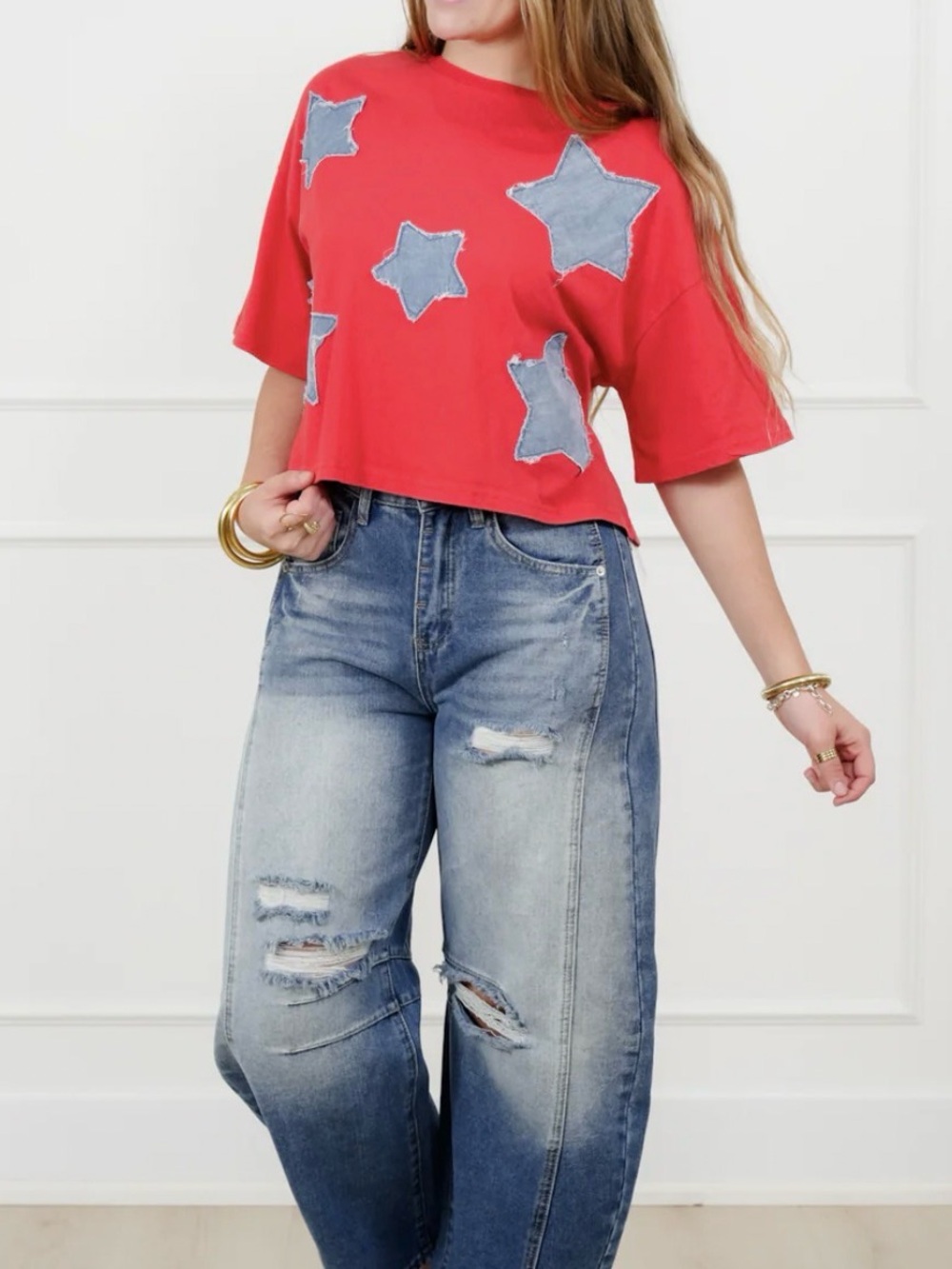 Star patched Women's Top - Casual Short Sleeve